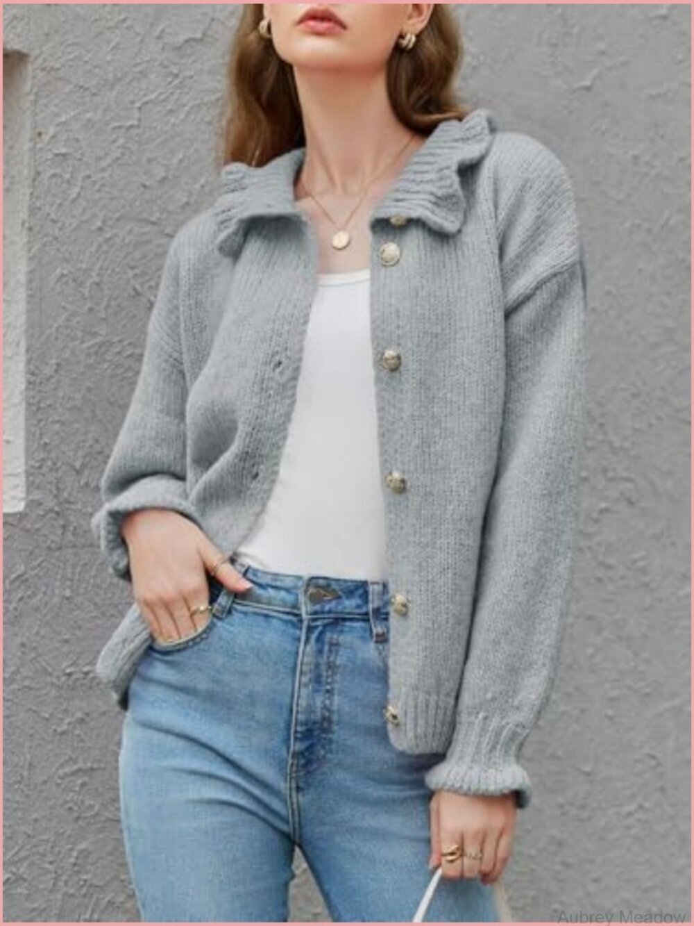 Oversized Ruffle Cardigan Button Front Ribbed Knit Long Sleeve Loose Sweater - Picture 3 of 7